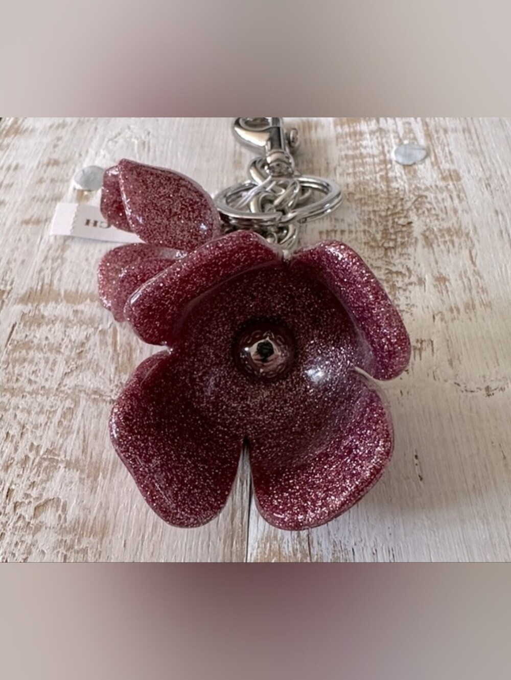 Coach Pink Glitter Floral Keyring Charm with Silver Hardware - Picture 2 of 6